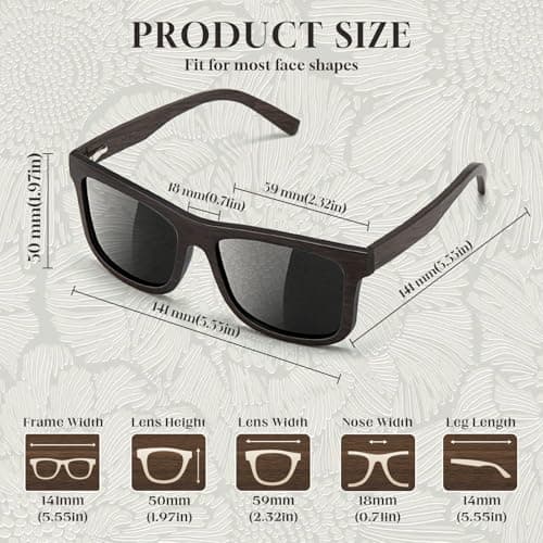 SUNGAIT Brown/Black Oak Wood Polarized Sunglasses Classic Retro Square Shades for Men Women Driving Gifts (Black Oak Frame/Grey Lens) - Thumbnail 5