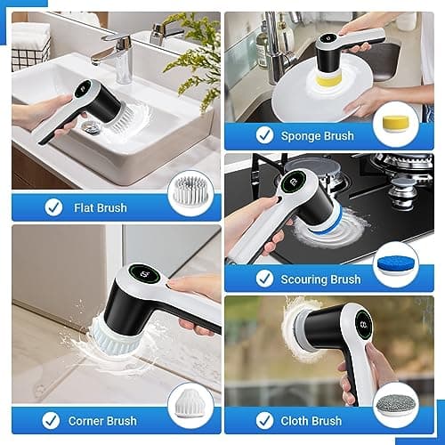 PUFTEM Electric Spin Scrubber, Cordless Shower Scrubber with Battery Level Display, 2 Speeds Electric Scrubber for Cleaning with 6 Replaceable Heads, Cleaning Brush for Bathroom/Sink/Window - Thumbnail 3