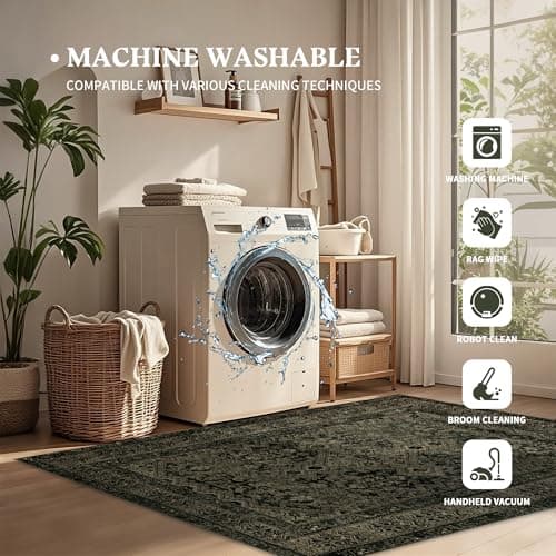 Boho Washable Rug for Living Room: Vintage 8x10 Area Rugs for Bedroom Soft Non Slip - Thin Stain Resistant Carpet for Dining Room Indoor - Dark Green - Thumbnail 3