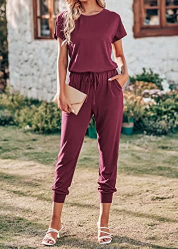 KIRUNDO Jumpsuits for Women Summer 2026 Casual Short Sleeve One Piece Outfits Drawstring Waist Long Pants Romper Jumpers(Wine Red, Large) - Thumbnail 5