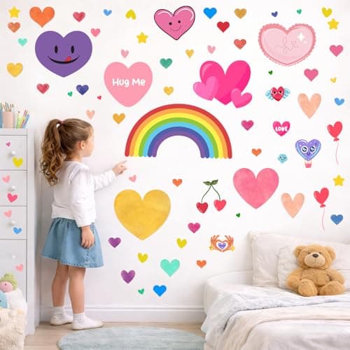 Humerry Kids Heart Wall Stickers, 201 Piece Removable Peel and Stick Rainbow Wall Decals for Nursery, Playroom and Bedroom, 6 Sheets Heart-Shaped Wall Decor - Image 1