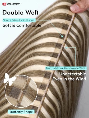 WIGNEE 100% Remy Double Weft Invisible PU OVO Human Hair Extensions 14 Inch Micro Beads Real Human Hair Extensions Blonde Ombre Wefts Hair Extensions Real Human Hair(9A/60) - Thumbnail 6