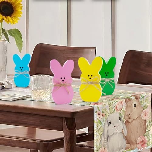 Oeyliz Easter Decorations 4PCS Easter Wooden Bunny Table Decorations Wooden Rabbit Tiered Tray Decor Spring Wood Decor for Home Mantel Home Table Party - Thumbnail 4