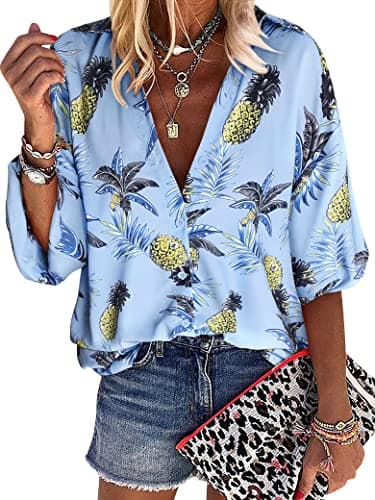 ZXZY Women Pineapple Printed Lapel Collar Half Sleeves Buttons Down Blouse Shirt - Image 1