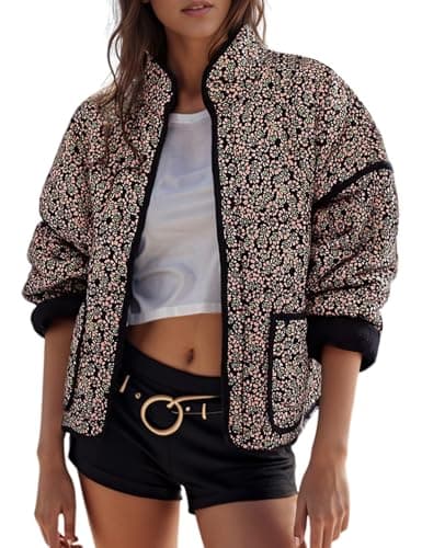 Wyeysyt Women's Cropped Quilted Jacket Floral Print Padded Puffer Jackets Lightweight Open Front Cardigan Coat Outwear(GreenFloral-XL) - Image 1
