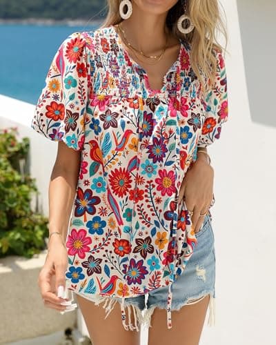 KIRUNDO Boho Tops for Women Summer 2026 Dressy Floral Blouse V Neck Drawstring Short Sleeve Shirts Beach Vacation Clothes(White Multicolored, Large) - Thumbnail 6