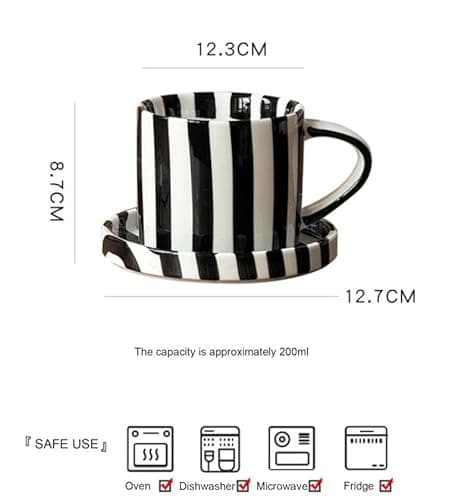 Cup and Saucer Set Hand-Painted Black Stripes, 8 Oz Ceramic Coffee Mug, Espresso Cups, Porcelain Coffee Cup for Cappuccino, Espresso, Coffee, Tea, Cafe Mocha, Latte, Set of Cup Gift for Coffee Lover - Thumbnail 3