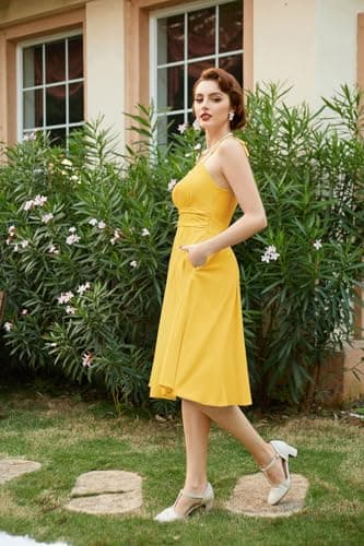 Belle Poque Vintage Dress for Women 2026 Summer Sleeveless Cute A-Line Flowy Swing Fit and Flare Midi Dress Yellow L - Thumbnail 3