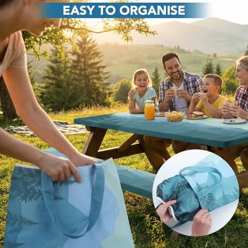 Picnic Table Cover with Bench Covers and Bag, 72in Camping Tablecloth, Waterproof Windproof Elastic Edges Fitted Rectangle Tables RV Gear Campers Must Have（Green） - Thumbnail 3