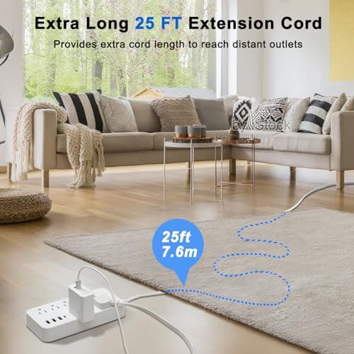 Flat Extension Cord 25 ft, Extra Long Cord Power Strip with 8 Outlets 4 USB Ports, Under Carpet, Multiple Outlets Overload Protection for Indoor, Home, Office, Dorm Room Essentials, White - Thumbnail 3