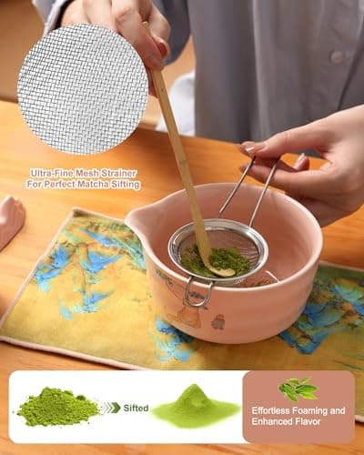 Matcha Whisk Set, Ceramic Matcha Set Includes Matcha Bowl, Matcha Whisk and Holder, Bamboo Scoop, Scoop Rest, Sifter and Tea Towel - 7 Pcs Matcha Kit(Pink) - Thumbnail 3