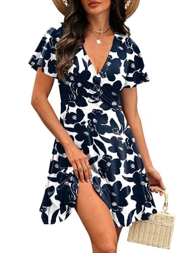 RUMIA Sundresses for Women 2026 Summer Beach Dresses Short Sleeve Empire Waist Church Wrap V Neck Dress Spring Clothes Floral Navy 02 XL - Thumbnail 2