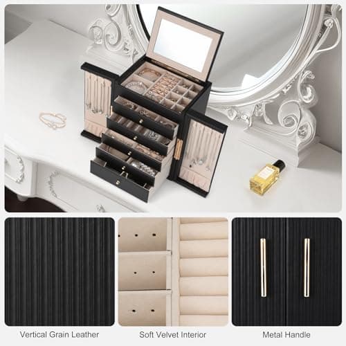 Dajasan Large Jewelry Organizer Box with 5 Drawers, Jewelry Box for Women, 6-Tier Jewelry Storage Organizer with Mirror for Necklace Ring Bracelet Watch, Gift Idea (Black) - Thumbnail 5