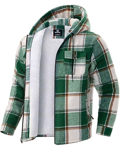 G Gradual Men's Flannel Jacket Fleece Sherpa Lined Hoodies Zip Up Plaid Shirt Warm Winter Jackets for Men with Zipper Pockets(Green White,XXL) - Image 1