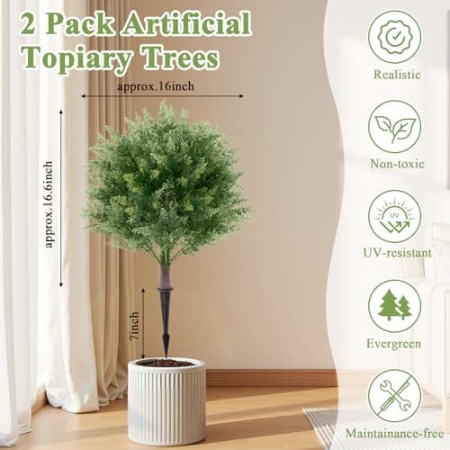 Topotdor 23.6" Cypress Topiary Trees Artificial Outdoor Faux Plants, 2 Pack Boxwood Ball Tree UV Resistant Fake Shrubs Bushes with Spike for Indoor Outside Front Porch Home Garden Decor - Thumbnail 4
