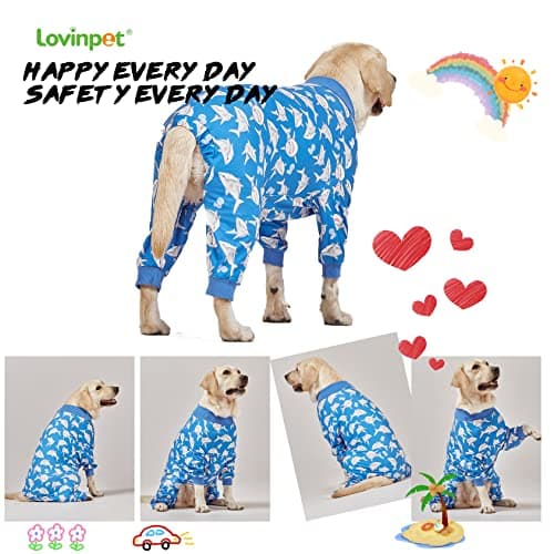LovinPet Large Dog Pjs, UV Protection, Pet Anxiety Relief Onesies, Lightweight Stretchy, Blue Shark Print, Undershirt for Dog Sweaters and Coats, Large Breed Husky Pajamas, Pet PJ's /3XL - Thumbnail 6