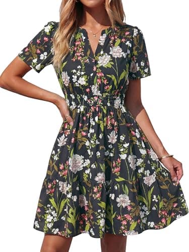 BTFBM Summer Dresses for Women 2026 Lightweight Casual Short Sleeve Floral Mini Dress A Line Beach Vacation Sundress(Black Pink Flower, XX-Large) - Image 1