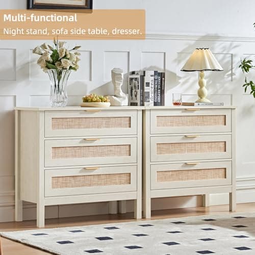 LEYAOYAO 31.5" Wide Rattan Nightstand, Large Boho 3 Drawer Night Stand, Grey White Bedside Table with Storage, Tall Bed Side End Tables, Chest of Drawers Dressers for Bedroom, Living Room, Hallway - Thumbnail 6