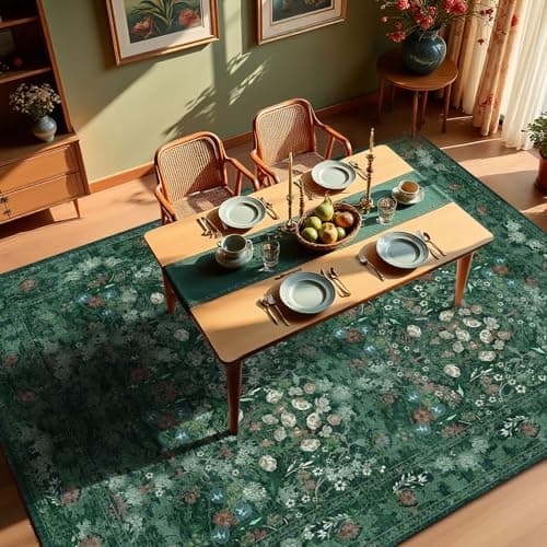Green Floral 8x10 Living Room Area Rug, Washable Vintage Distressed Rug for Bedroom, Dining Room Under Kitchen Table, Large Low Pile Non Slip Carpet - Soft Boho Botanical Accent Mat - Thumbnail 3