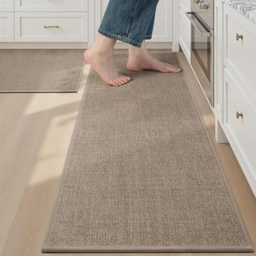 tchdio Kitchen Mats for Floor Set of 2 PCS, Rubber Backed Kitchen Rugs Non Slip Washable, Superior Absorbent Kitchen Mat Easy to Clean, Comfort Kitchen Floor Mat Front of Sink Tan 17"x29"+17"x47" - Image 1