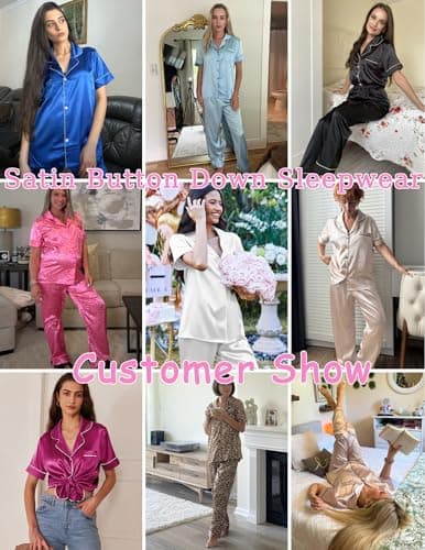 Ekouaer Womens Silky Satin Pajamas Set Short Sleeve Button Down Sleepwear 2 Piece Lounge Set Pj Set Hot Pink Leopard X-Large - Thumbnail 6