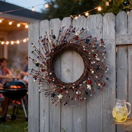 HipTree 16 Inch Patriotic Wreath for Front Door, 4th of July Wreath with Red White Blue Stars & Sprouts for Memorial Day, Independence Day,Veterans Day, Flag Day,Summer Decorations