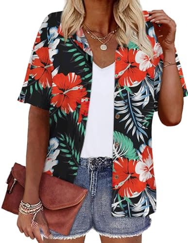 LILYCHIC Womens Button Down Summer Hawaiian Shirts Short Sleeve Blouse Casual Work Blouse Summer Hawaiian Outfits Black L - Image 1