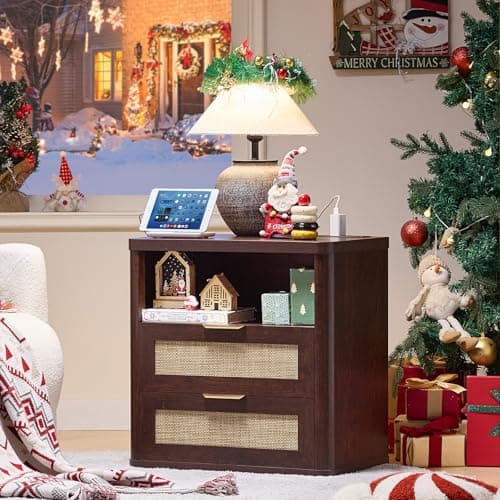 LEYAOYAO Rattan Nightstands with Charger Station, 23" Wide Boho Night Stand with 2 Drawers, Bedside Table Open Shlef, Bed Side End Table Dresser for Bedroom, Living Room Hallway, Walnut - Image 1