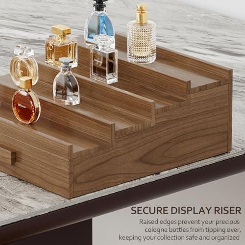 Hrbjunuo Solid Walnut Cologne Organizer for Men,4 Tier Cologne Stand,Wooden Cologne Holder Display Shelf with Drawer Storage and Hidden Compartment,Perfume Stand Organizer,Gift for Men Dad Husband - Thumbnail 5