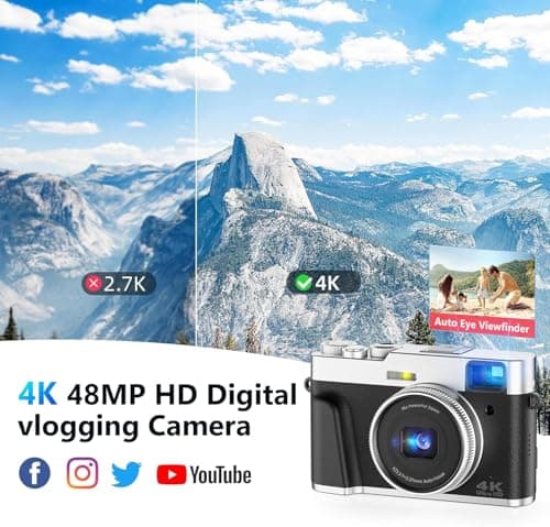 4K Digital Camera for Photography, 48MP Autofocus Vlogging Cameras with 16X Digital Zoom, 2.8" LCD Point and Shoot Camera for YouTube, Anti-Shake Compact Cameras with 32GB Micro SD Card & 2 Batteries - Thumbnail 2