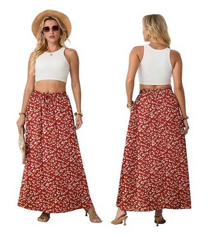 Lepunuo Casual Maxi Skirt Boho High Waisted Flowy Trendy Cute Ladies Skirts with Pockets - Thumbnail 2