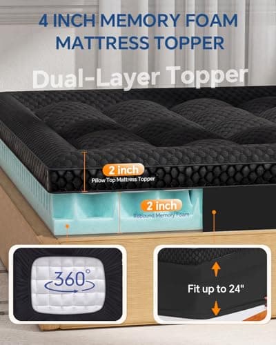 BEDELITE Dual Layer 4 Inch Queen Size Memory Foam Mattress Topper, 2 Inch Soft Pillow Top Mattress Pad Cover and 2 Inch Gel Memory Foam for Pressure Relief, 2-in-1 Design for Comfort & Support (Black) - Thumbnail 5