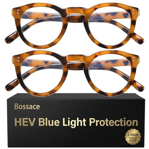 Bossace 2 Pack Round Blue Light Glasses for Women, TR90 Computer Glasses with Spring Hinge for All-Day Comfort, Anti UV Glare & Eyestrain
