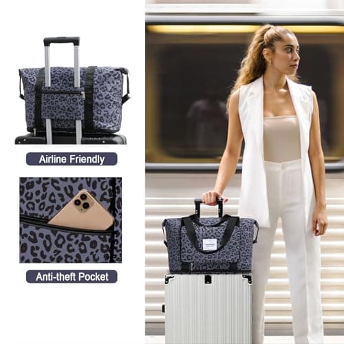 WOOMADA Foldable Travel Duffel, Weekender Bag with Expandable Space, Carry-On for Airplanes, Gym Bag for Women (Black Leopard) - Thumbnail 5