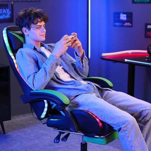 HOFFREE RGB Gaming Chair with Speakers Massage Computer Gaming Chair with LED Lights and Footrest High Back Video Game Chair for Adults Green and Black - Thumbnail 3