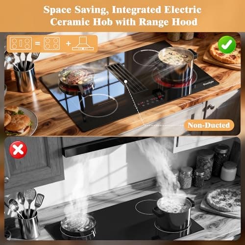 Cooksir 30 Inch Electric Cooktop with Ductless Downdraft - 4 Burner Built-in Stove 7400W, 30" Electric Stove Downdraft Range Hood 135W, Timer, Safety Lock, 220V Hard Wired, Recirculating Air Vent - Thumbnail 3