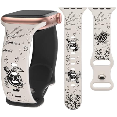 HMFCBFSS Engraved Cute Sea Turtle Band Compatible with Apple Watch Bands for Women Men 38mm 40mm 41mm 42mm, Stylish Two-Tone Floral Soft Silicone Sport Strap Fit iWatch Series 11 10 Se 9 8 7 6 5 4 3 2 1 (Starlight/Black, 38mm/40mm/41mm/(42mm-Series 11 10) - Image 1