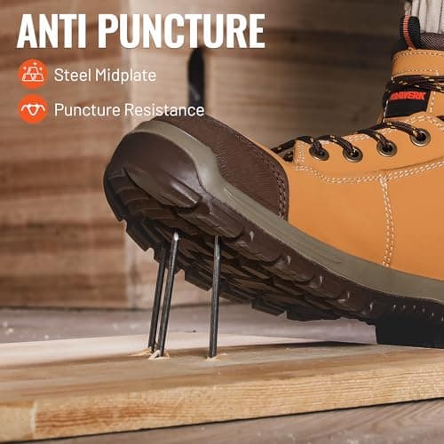 DURAWERK Steel Toe Shoes for Men, Light Comfortable High Top Work Boots, Non-Slip Safety Shoes for Men with Wide Toe Box, Indestructible Leather Construction Boots (Wheat, 10) - Thumbnail 3