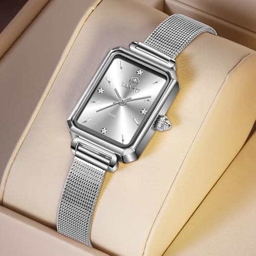 Taxau Silver Watch for Women Small Wrists Watches Luxury Silver Mesh Band Watches for Womens Waterproof Analog Quartz Casual Dress Womens Watch Square Face with Date - Thumbnail 4