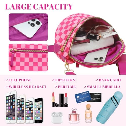 WOOMADA Checkered Crossbody Bag Bum Bag for Women, Spacious Nylon Fanny with Removable Wallets (2pcs-Hot Pink Checkerboard) - Thumbnail 3
