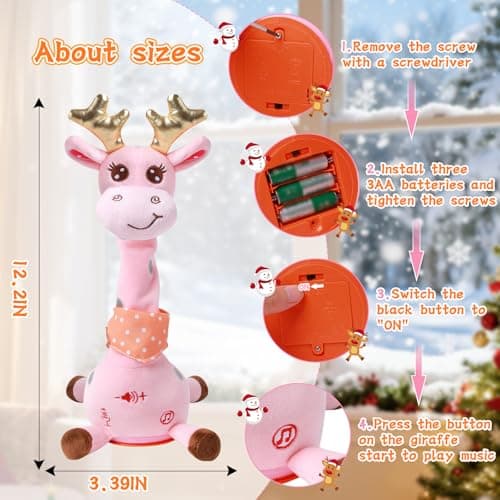 LUKETURE Dancing Talking Singing Pink Giraffe Stuffed Plush with Golden Antlers,Interactive Stuffed Animal Toy, Musical Plush with Record & Repeat, Sings 10 Songs, LED Lights - Thumbnail 5