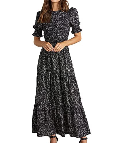 BTFBM Women Casual Summer Dresses 2026 Spring Crew Neck Ruffle Short Sleeve Smocked Floral Boho Flowy Maxi Dress Clothes(Floral Black White, Medium) - Image 1