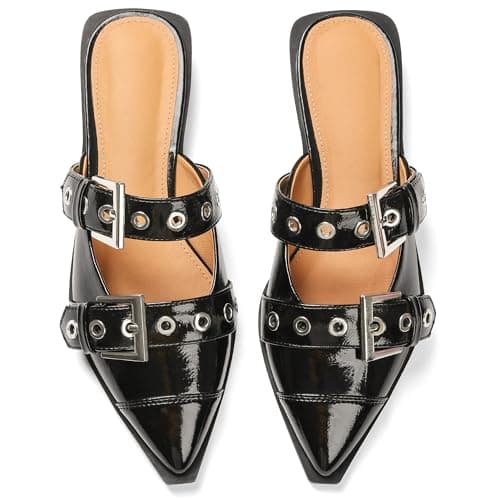 Grakihily Buckle Flats for Women Pointy Toe Wide Welt Buckled Mules Low Block Heel Slippers Mary Jane Shoes Comfortable Ballerina Flats - Thumbnail 5