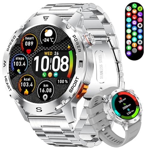 LIMIGE Military Smart Watch for Men, 1.43'' AMOLED Rugged Smart Watch with 600mAh Battery/Heart Rate/Blood Pressure/Sleep Monitor,IP68 Waterproof Fitness Tracker Watch for Android iPhone Silver