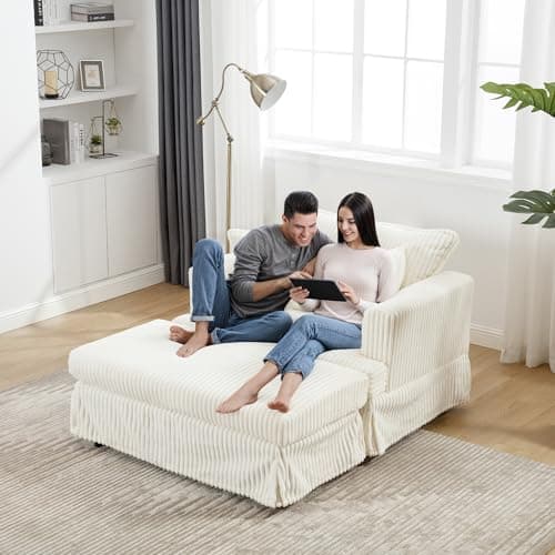 Indoor Chaise Lounge Chair with Storage Ottoman, 60-Inch Corduroy Lounge Sofa, Modern Cloud Couch Chair with Wide Armrests & 4 Pillows (Beige (No Storage)) - Image 1