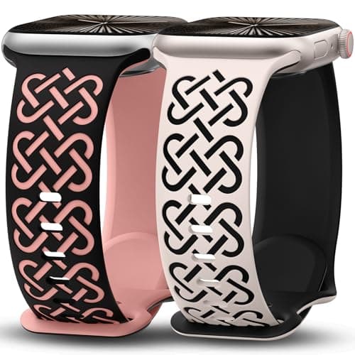 Minyee 2 Pack Engraved Bands Compatible with Apple Watch Band 42/44/45/46/49mm Women, Soft Silicone Two-Tone Celtic Sport Strap for iWatch Series 11 10 9 8 7 6 5 4 SE/Ultra 3 2 1,Starlight/Black/Pink - Image 1