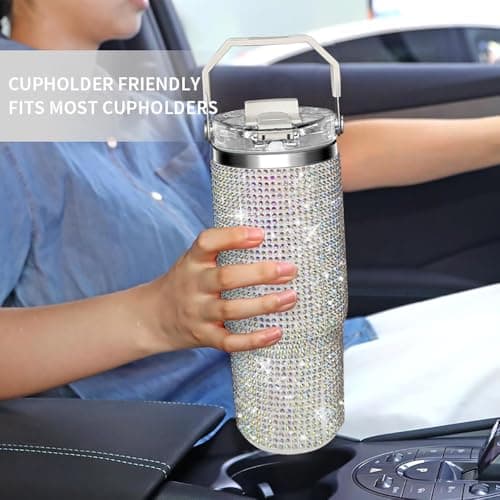 Bling Rhinestone Studded Tumbler with Top Handle, Bling Cups Stainless Steel Water Bottle Diamond Glitter Tumbler for Women - Birthday Gifts for Women, Mom,Get Well Soon Gifts (Northern light) - Thumbnail 5