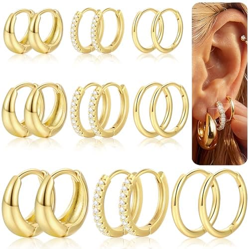 9 Pairs Gold Hoop Earrings Sets for Women, 14K Gold Plated Small Hoop Earring Sets for Multiple Piercing, Cute Small Tiny Lightweight Earrings for Sensitive Ears Everyday - Image 1