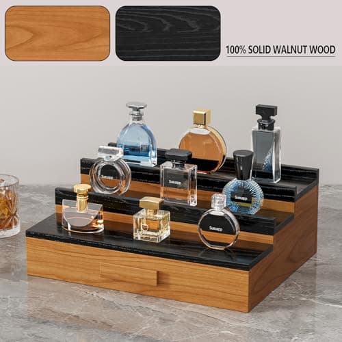 Sueuapp Solid Walnut Wood Cologne Organizer for Men,3 Tier Cologne Stand Display Shelf with Hidden Compartment and Drawer,Perfume Stand Organizer,Perfume Display Holder,Great Gift for Men Father - Thumbnail 2