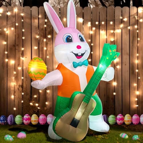 6FT Easter Inflatables Yard Decorations,Blow Up Guitar Rabbit with LED Light for Easter Decorations Clearance,Easter Holiday Party Garden Home Indoor Outdoor Lawn Decor - Thumbnail 2